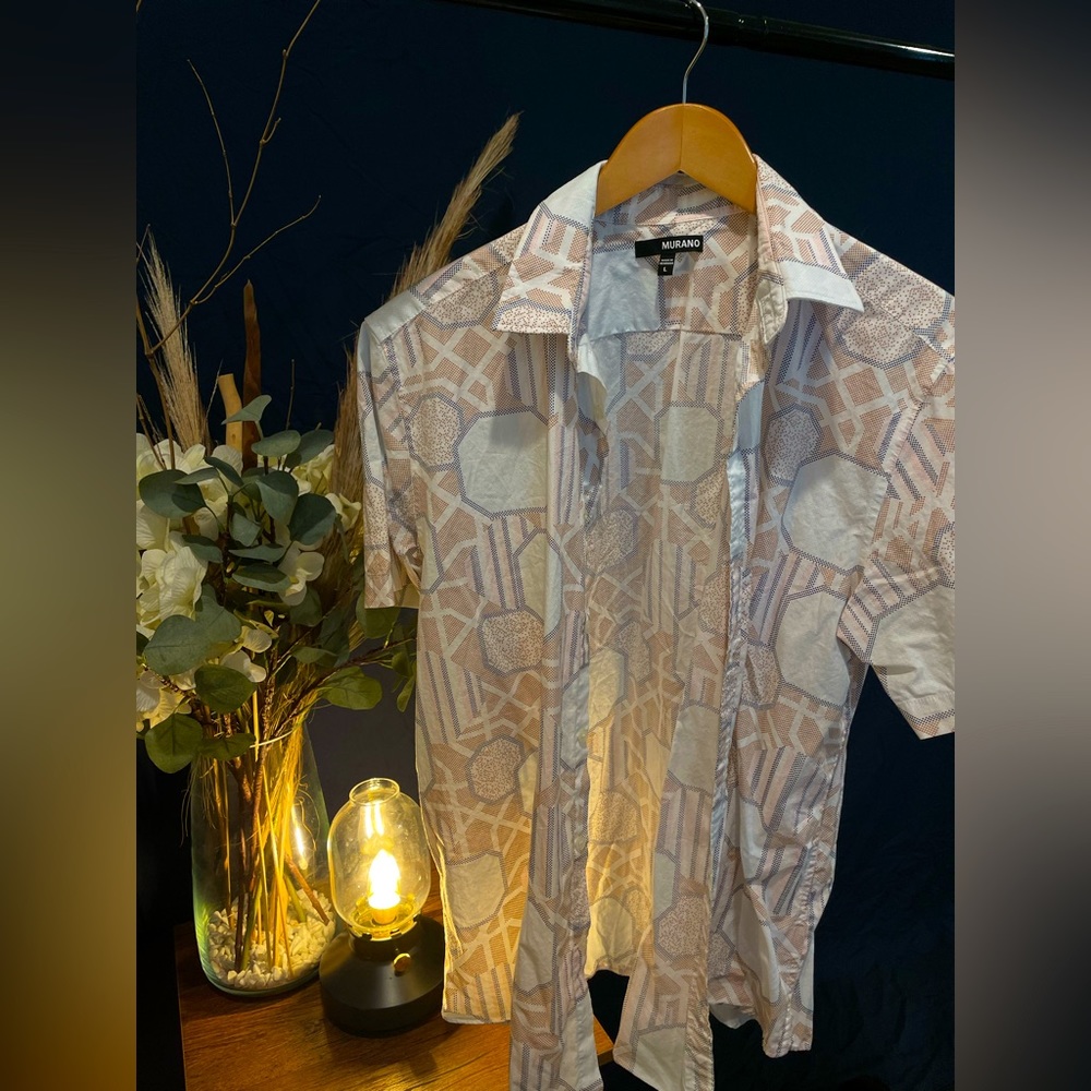 Murano White and Pink Graphic Button Down, Large